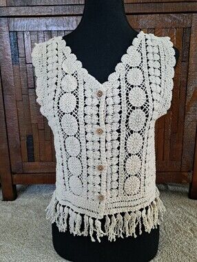 ADORA Crochet Button Front Tank Fringe Neutral Cream Summer Festival Boho Top